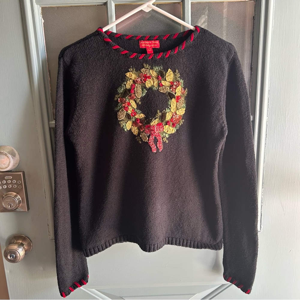 Vintage Y2K Ugly Christmas Wreath Ribbon Sweater Northern Isles Holiday 2005 M